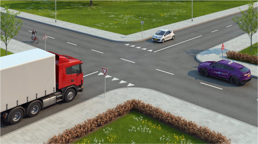 Ongelijkwaardig kruispunt met haaientanden en voorrangsbord, de voorrangsweg gaat voor