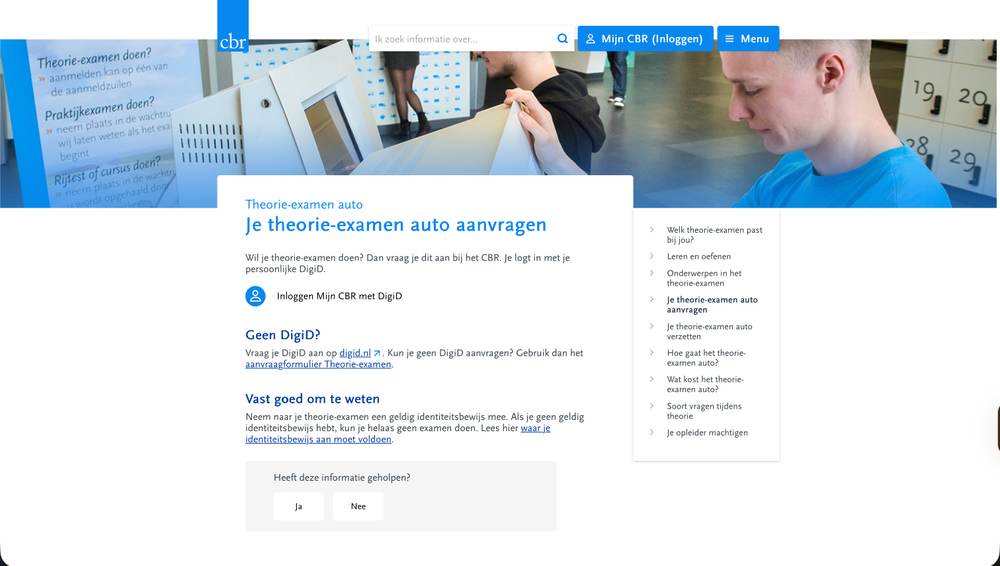 CBR-pagina je theorie-examen auto aanvragen met knop Mijn CBR inloggen