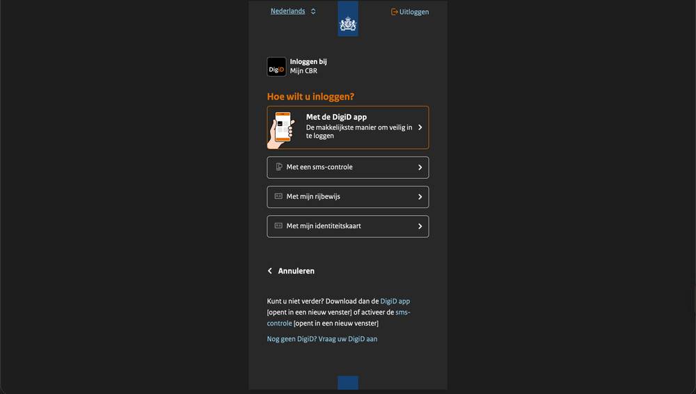 DigiD inlogmethode kiezen voor Mijn CBR theorie-examen