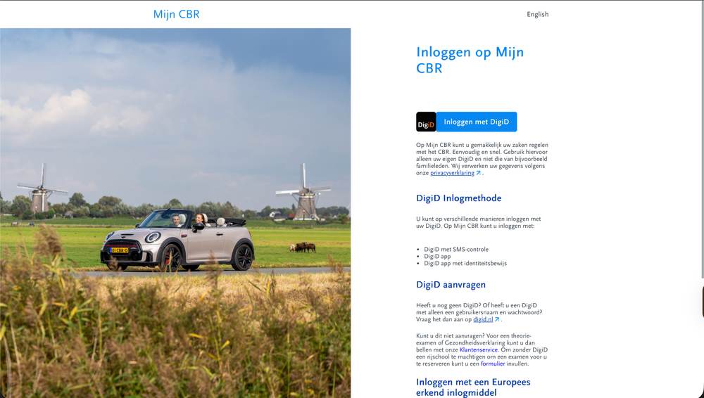 Inloggen op Mijn CBR met DigiD